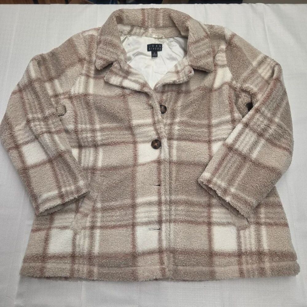Joan Rivers Women's Plaid Sherpa Teddy Coat Ivory size Large